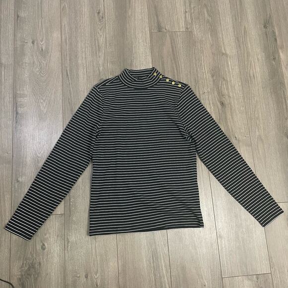 J Crew Long Sleeve Striped Button Shoulder Rib Mock Neck Shirt US Women's L New - Picture 2 of 8